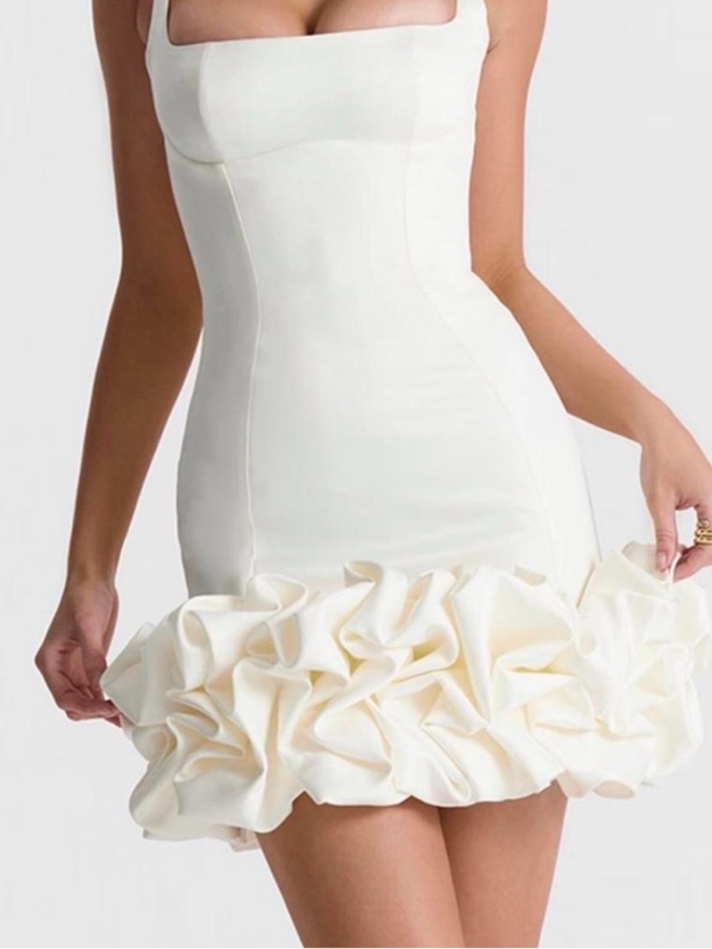 House of CB Cream Square-Neck Ruffle-Hem Mini Dress